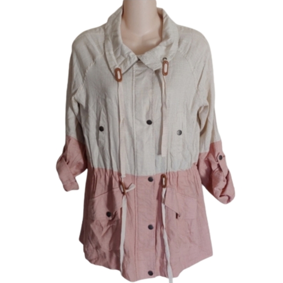 Blu Pepper Color Block Linen Light Pink Tan Utility Jacket Size Women Medium NEW - Picture 3 of 13